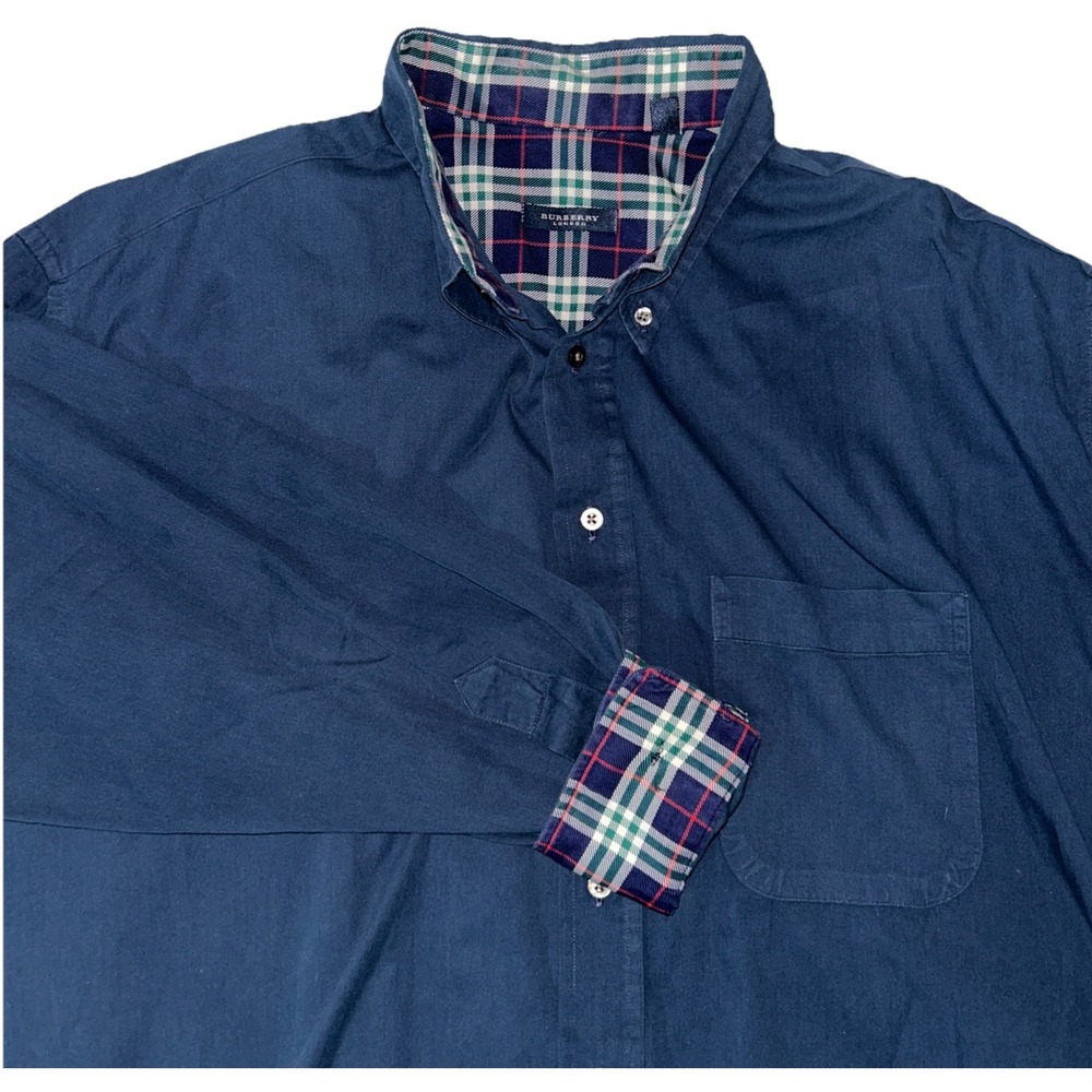 Burberry Long Men's XL Plaid Flip Cuff Navy‎ Blue Button Down Shirt